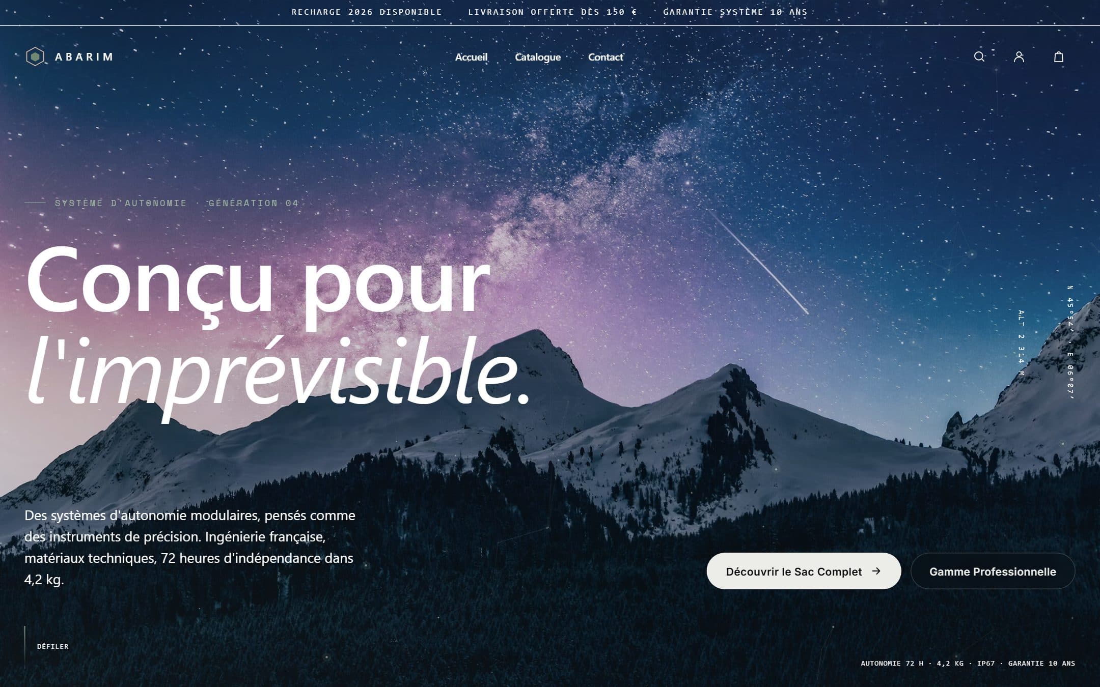 Page d'accueil Abarim : titre « Conçu pour l'imprévisible » sur un ciel étoilé