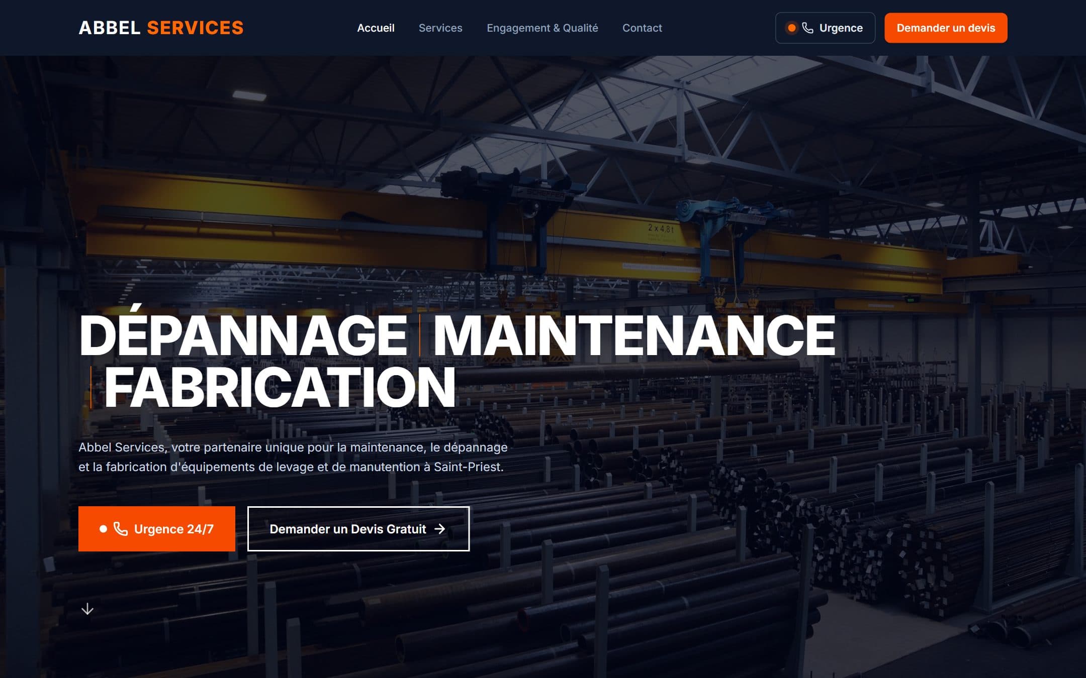 Page d'accueil Abbel : « Dépannage, maintenance, fabrication » sur une photo d'atelier